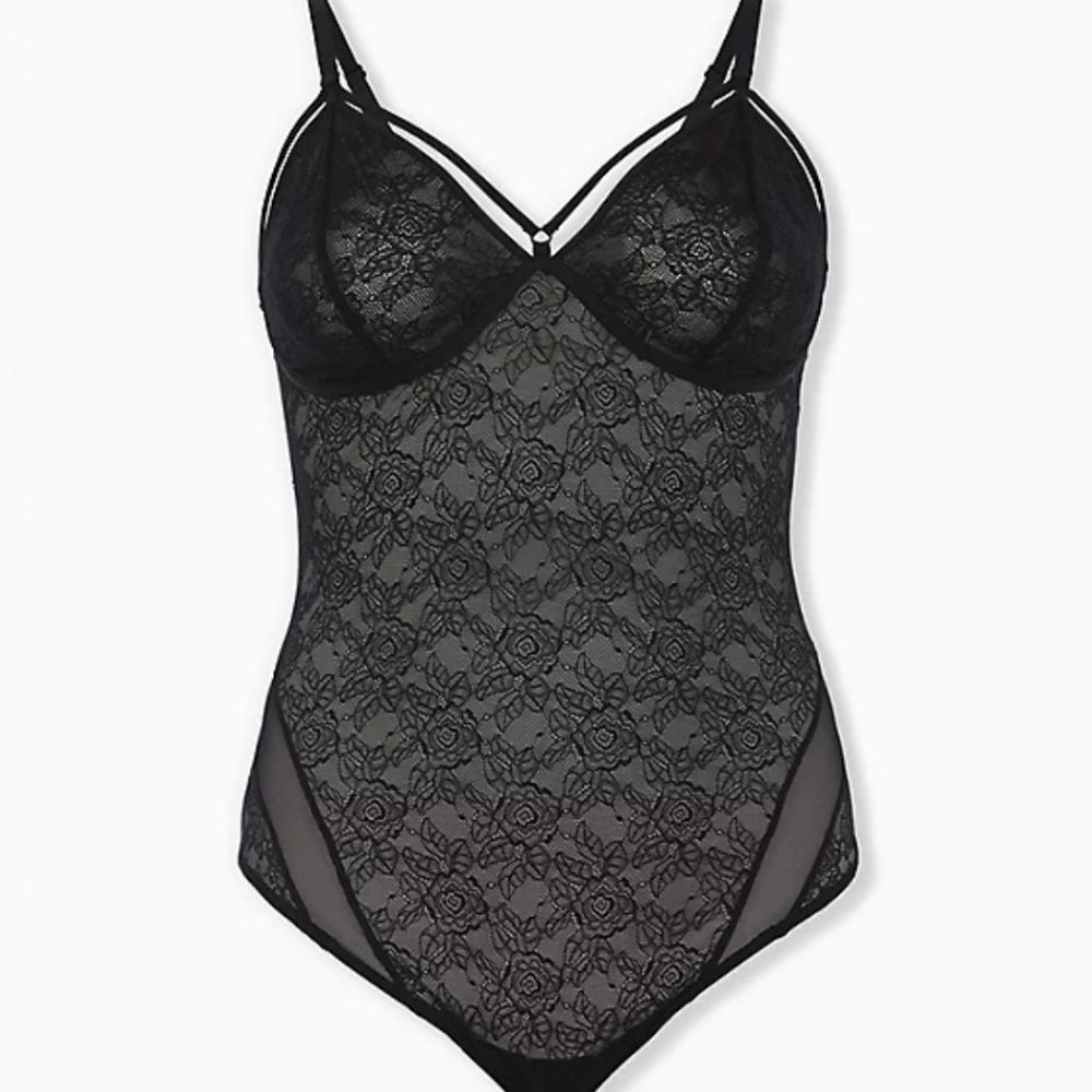 Torrid Curve Black Lace Mesh Strappy Bodysuit Womens Plus 1 Black Semi Sheer